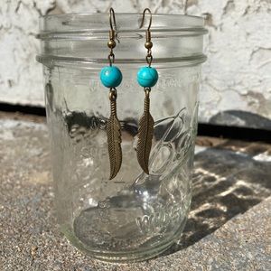 Feather Beaded Dangle Earrings Turquoise and Brushed Brass Color Pierced Ears